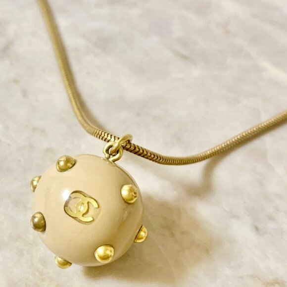 CHANEL CC Logo Round Ball Studs Necklace 30" Gold Tone Auth #4037